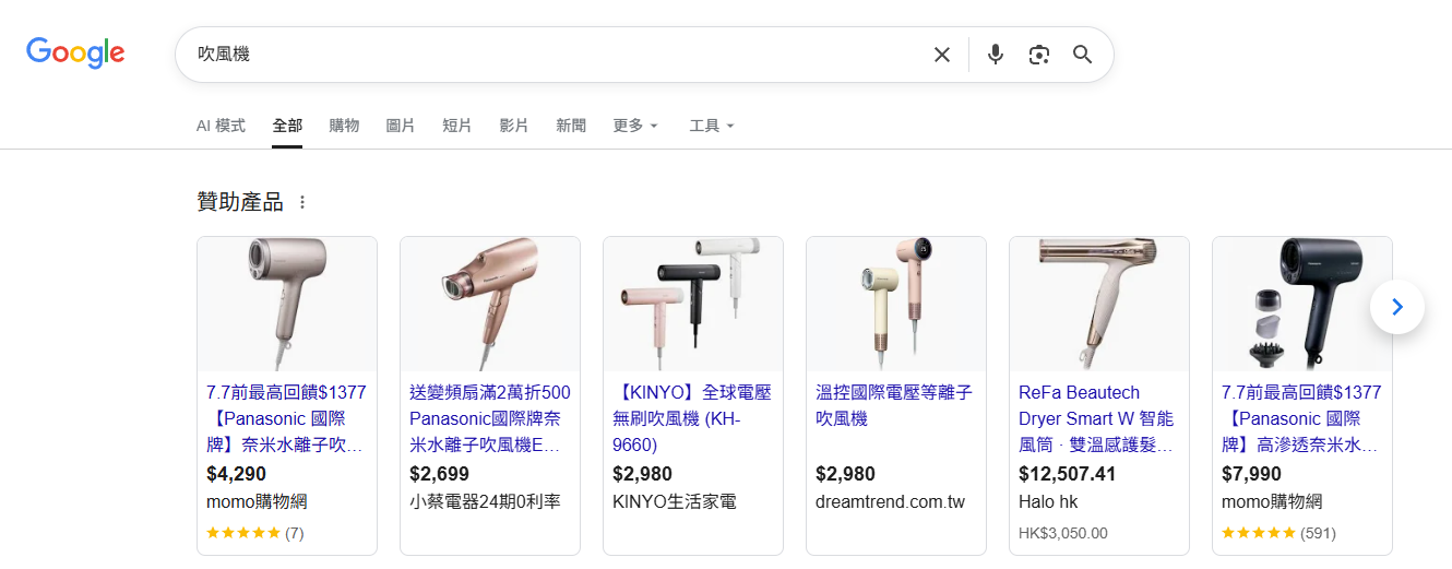 Google 購物廣告搜尋結果示意圖